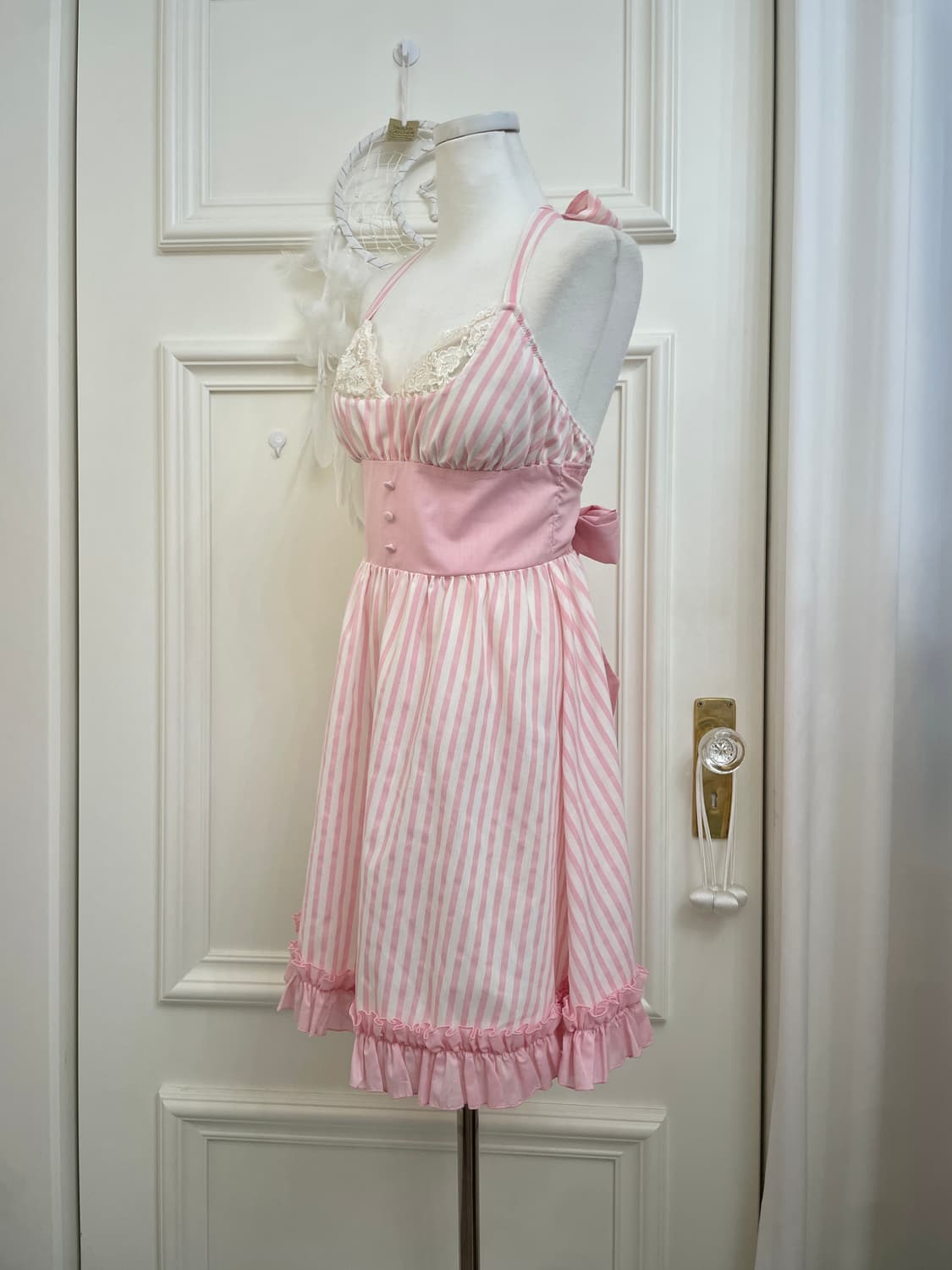pink white stripe lace bow cotton halter 상품이미지2