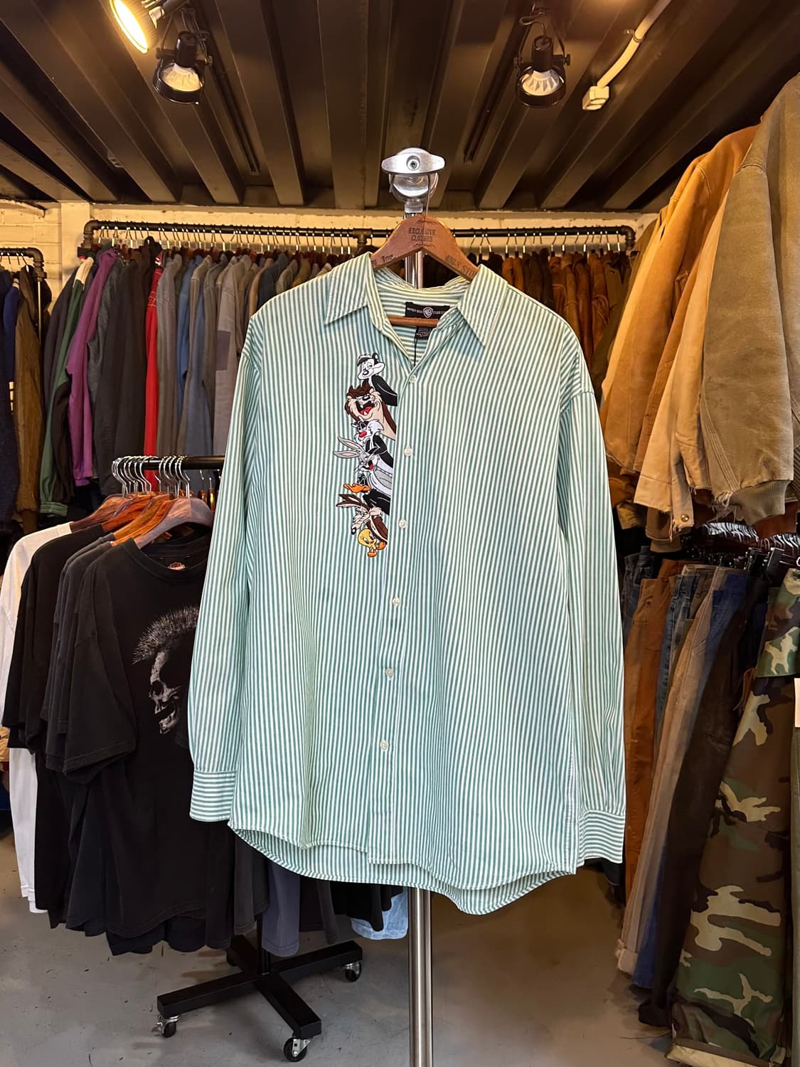 90s 워너브라더스 루니툰 자수 스트라이프 셔츠 1995 상품이미지1