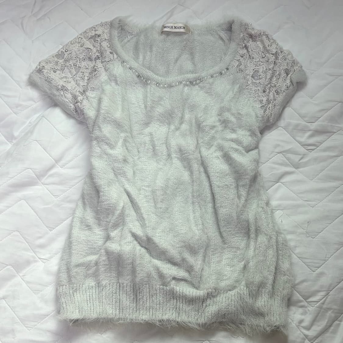 일본빈티지 블루 앙고라 레이스 반팔 니트 탑 상품이미지2