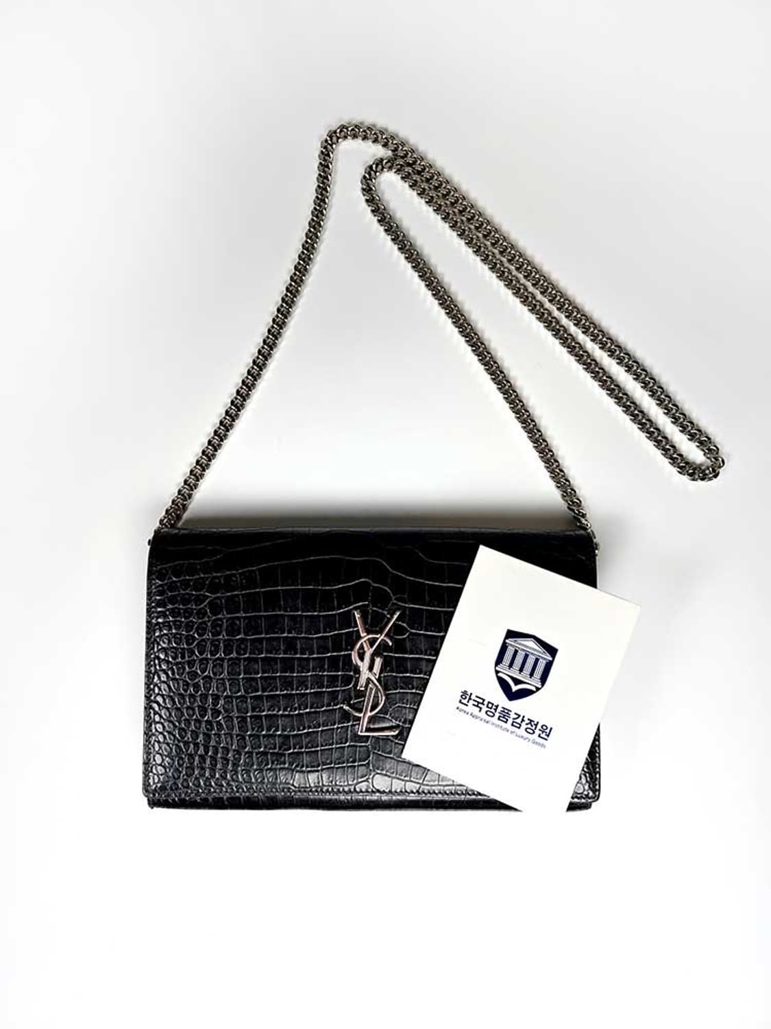 Saint Laurent 생로랑 블랙 크로커다일 케이트 은장 체인 WOC 상품이미지10