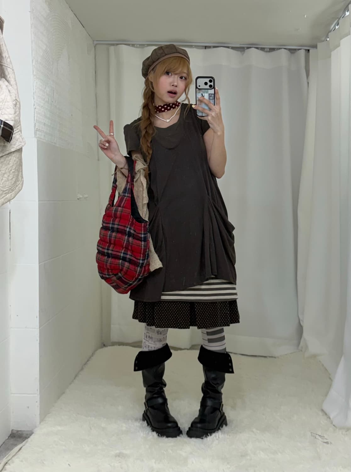 베이지 브라운 퀄팅 니혼진 도트 모리걸 사와코 코디세트 상품이미지3