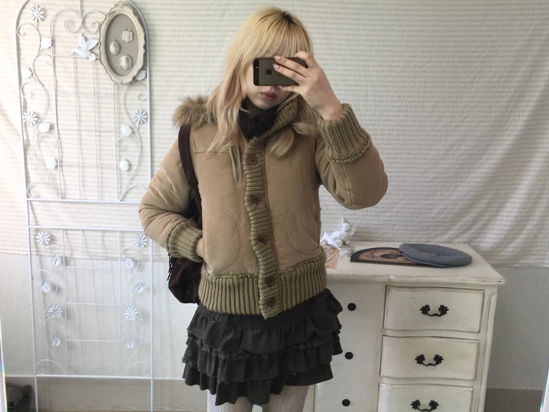 빈티지 카멜 퍼 후드 코듀로이 패딩 점퍼 상품이미지4