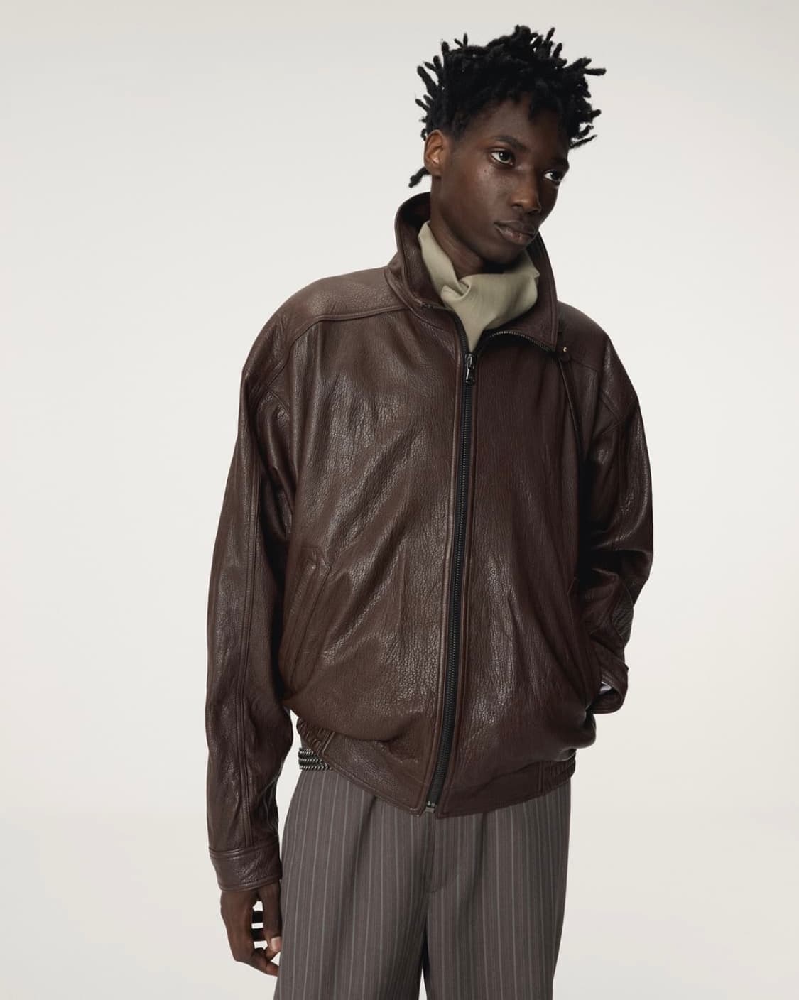 [ 구매 ] 렉토 하이넥 레더 점퍼 자켓 브라운 XL 상품이미지1