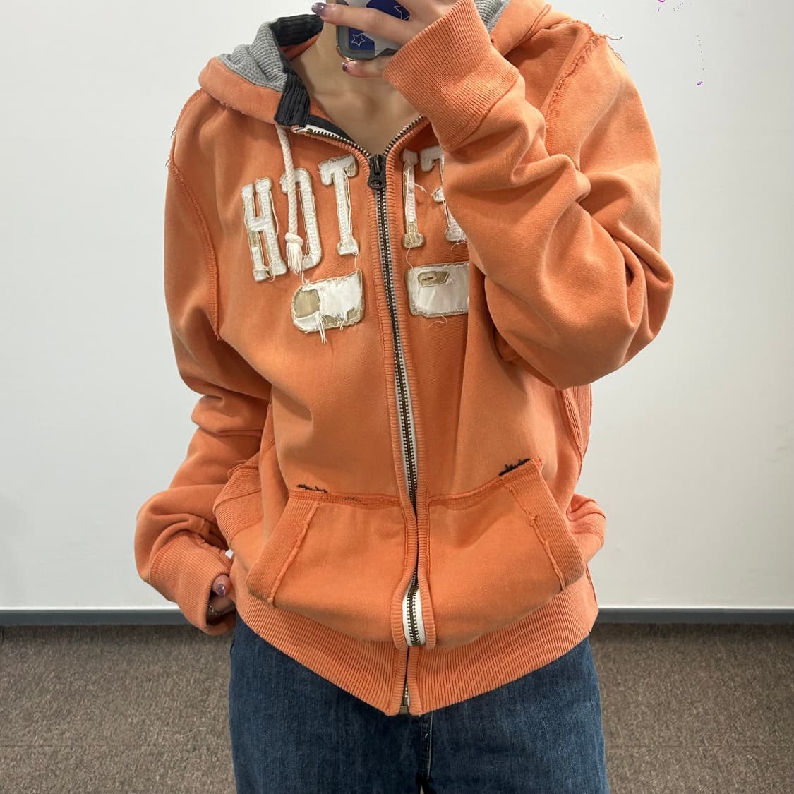 Abercrombie 아베크롬비 그런지 화이트 로고 오렌지 후드집업  상품이미지2