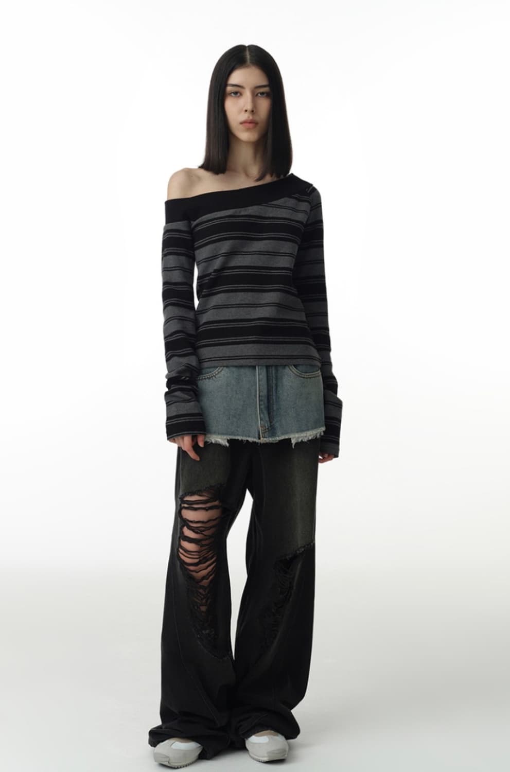 원 숄더 스트라이프 티셔츠 상품이미지1