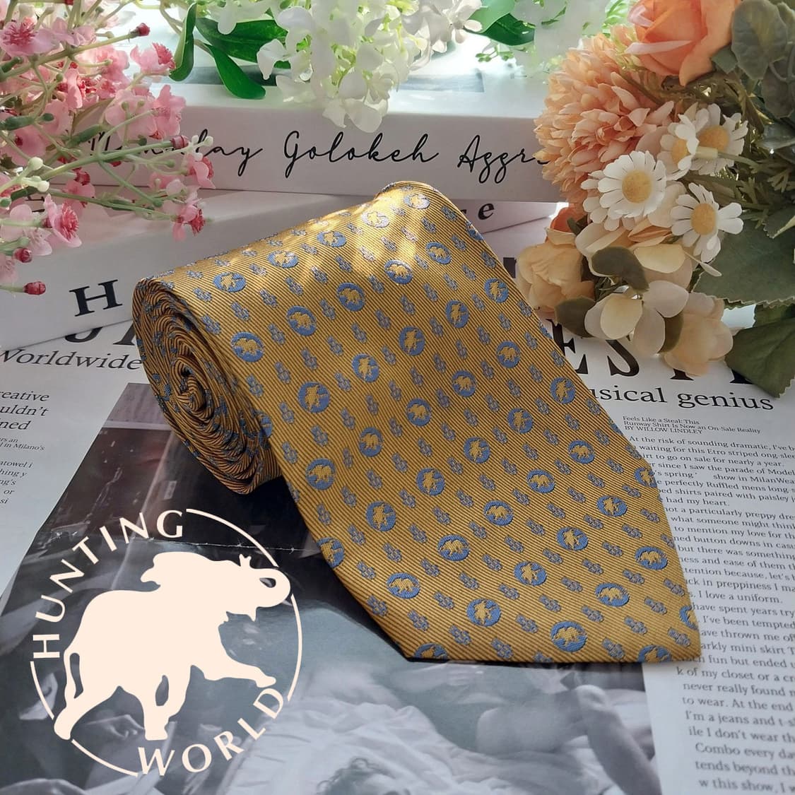 헌팅월드 실크 골드 코끼리 패턴 넥타이 9.9cm A+~A등급 K1449 상품이미지1