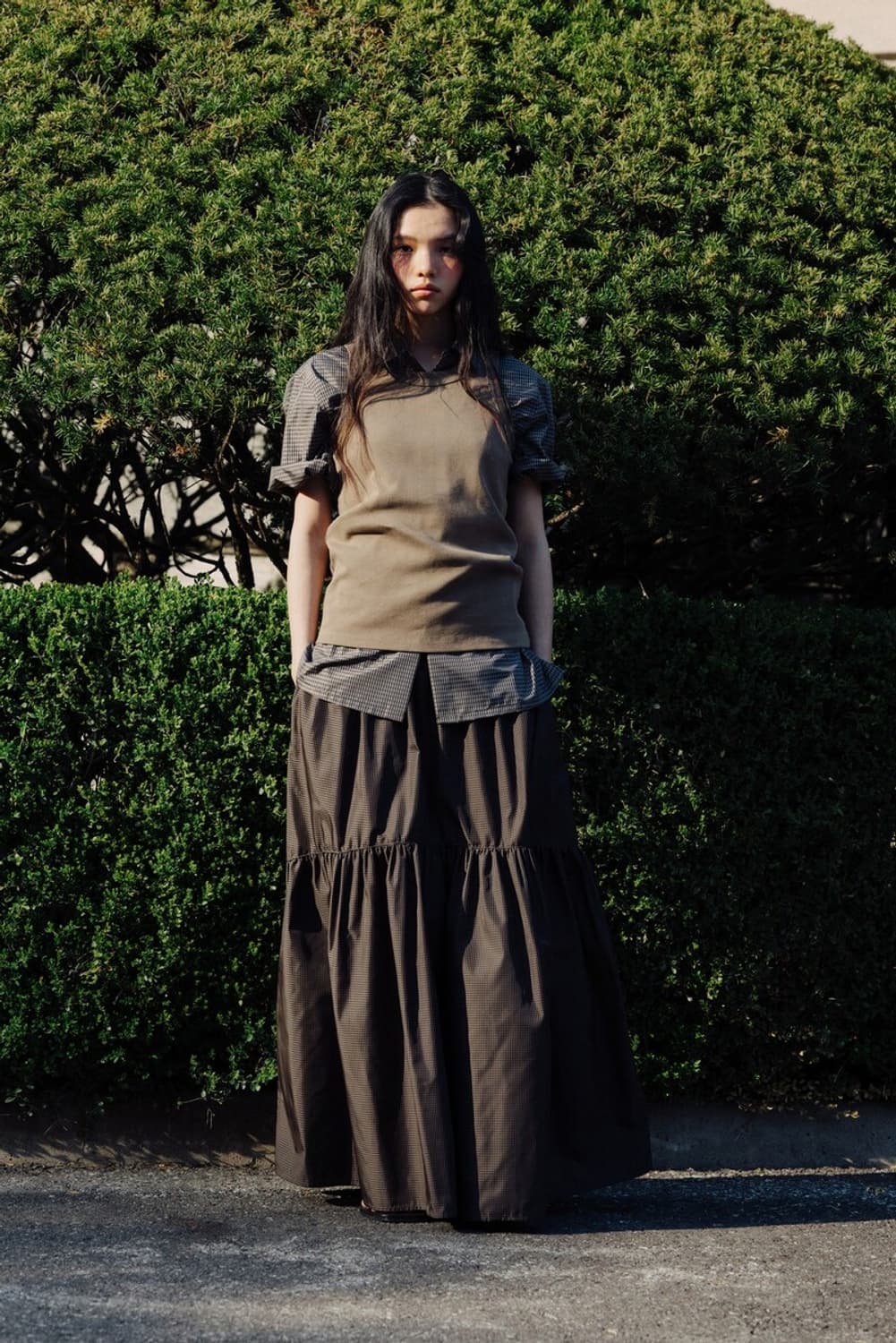 모노하 Gingham check shirring skirt (brown) 상품이미지4