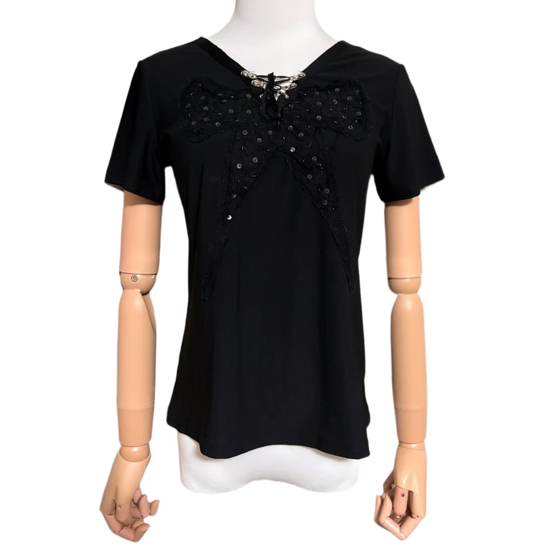 (이체시에눌) 일본 고딕 펑크 리본 패치 스팽글 레이어드 브이넥 반팔 상품이미지1