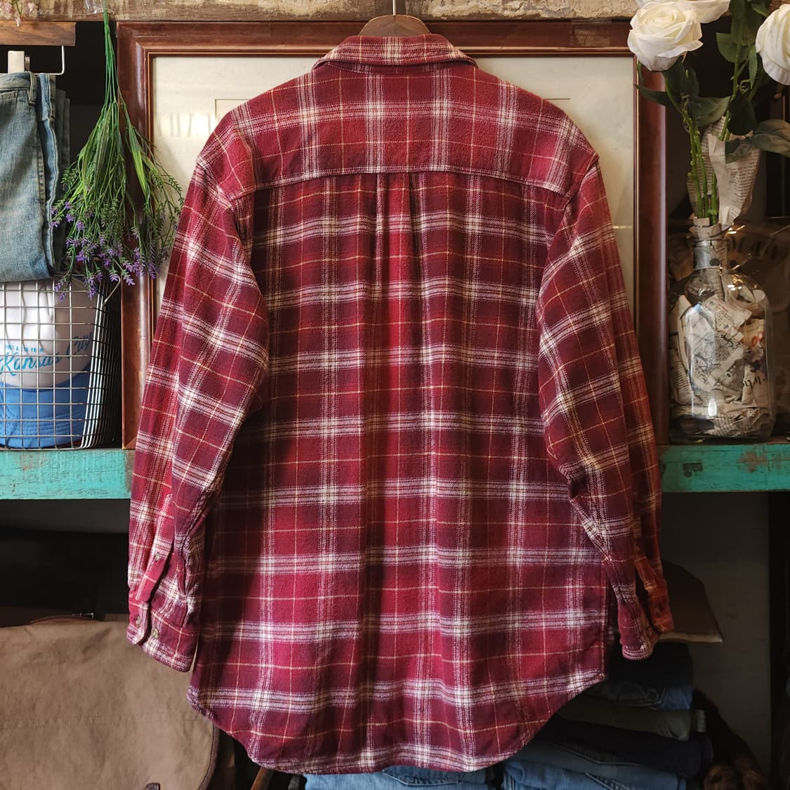 90s 빈티지 체크셔츠 헤비 플란넬 워크셔츠 썬페이딩 레드 xl 상품이미지2