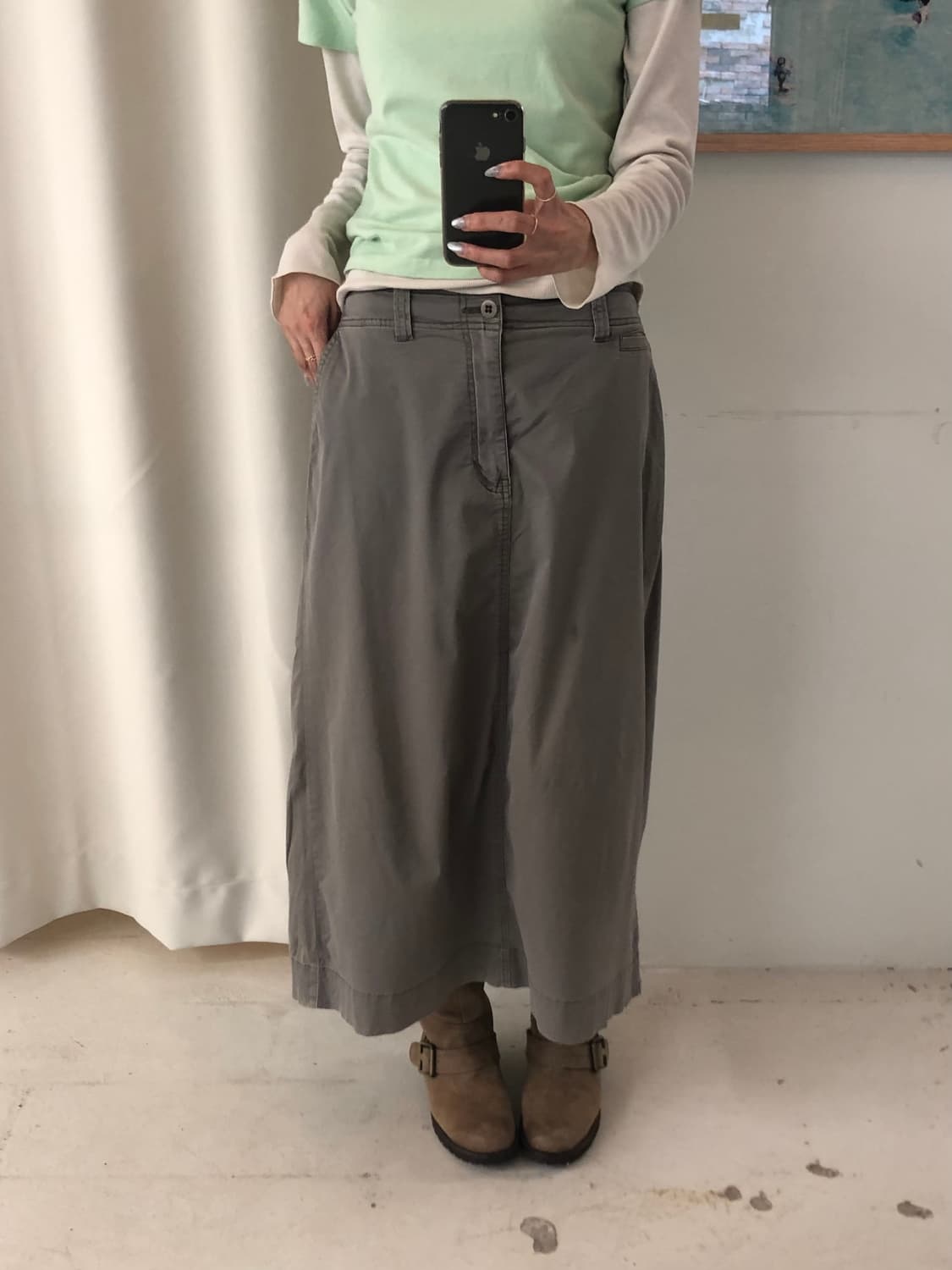 일본빈티지 카키 코튼 롱스커트 상품이미지1
