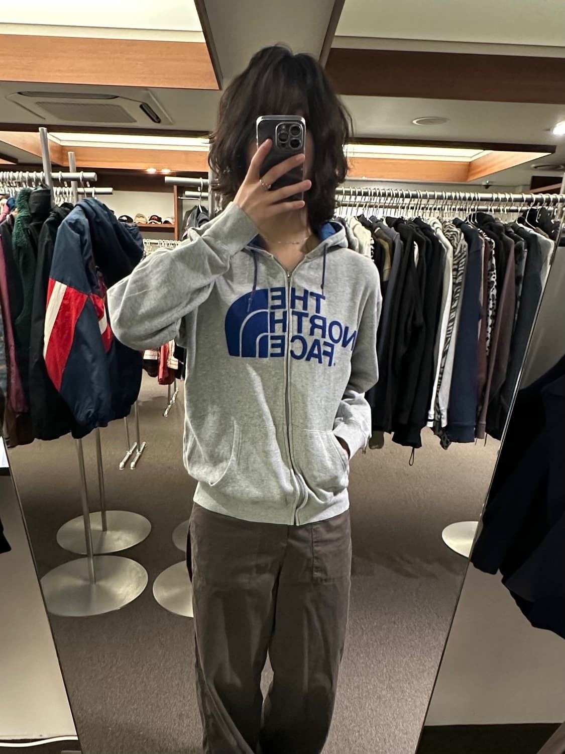 L)노스페이스 빈티지 그레이 블루 빅 로고 기모 후드집업 상품이미지1