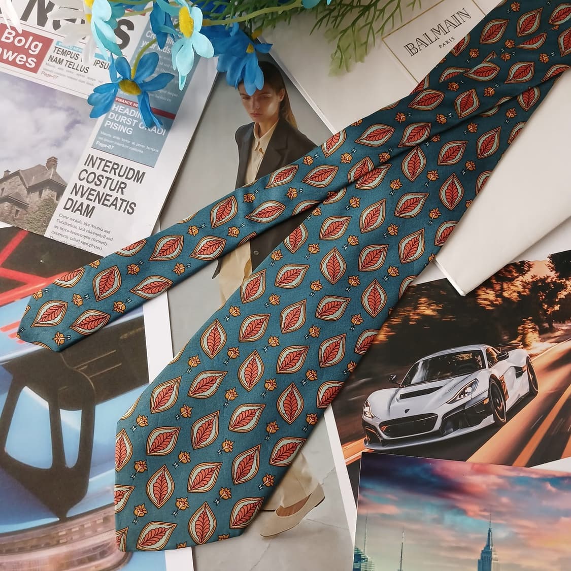 발망 실크 그린 패턴 넥타이 9.7cm B등급 A19502
 상품이미지4