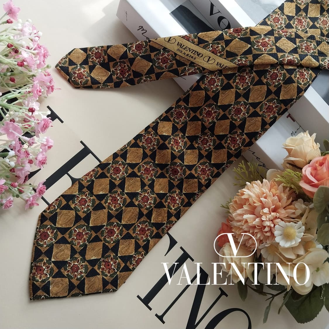 발렌티노 브라운 플라워 패턴 넥타이 9.5cm S~A+등급 K2518 상품이미지2