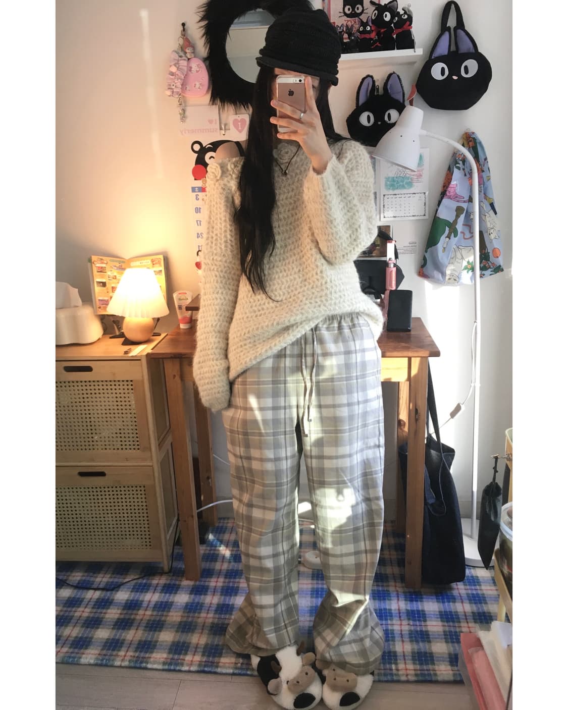 vintage check wide pants soft beige 상품이미지4