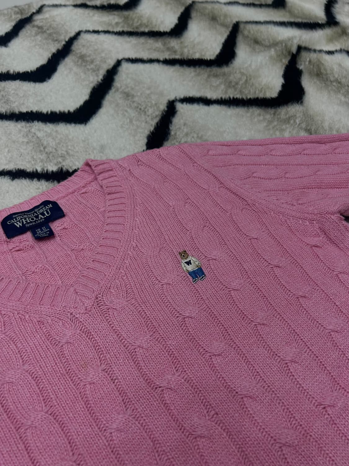 [M]후아유 스티브 V넥 꽈배기 니트/핑크 상품이미지1