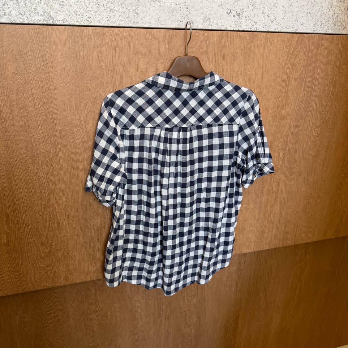 빈티지 반팔 체크 블라우스 오픈 카라 하프 버튼업 디테일 네이비 k68 상품이미지2