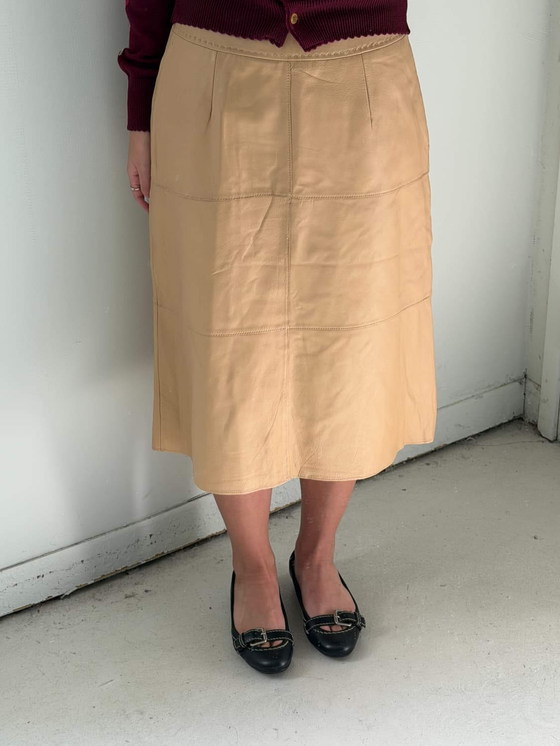 일본빈티지 베이지 양가죽 롱스커트 상품이미지1