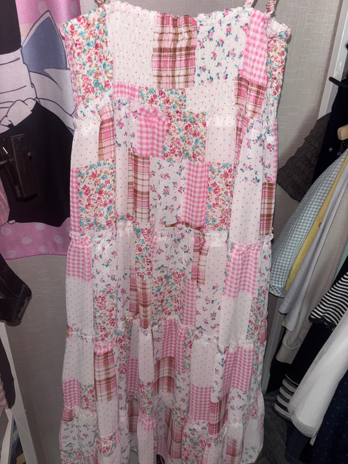 핑크 도트 잔꽃 패치 원피스 모리걸 하구미 니혼진 빈티지 상품이미지2