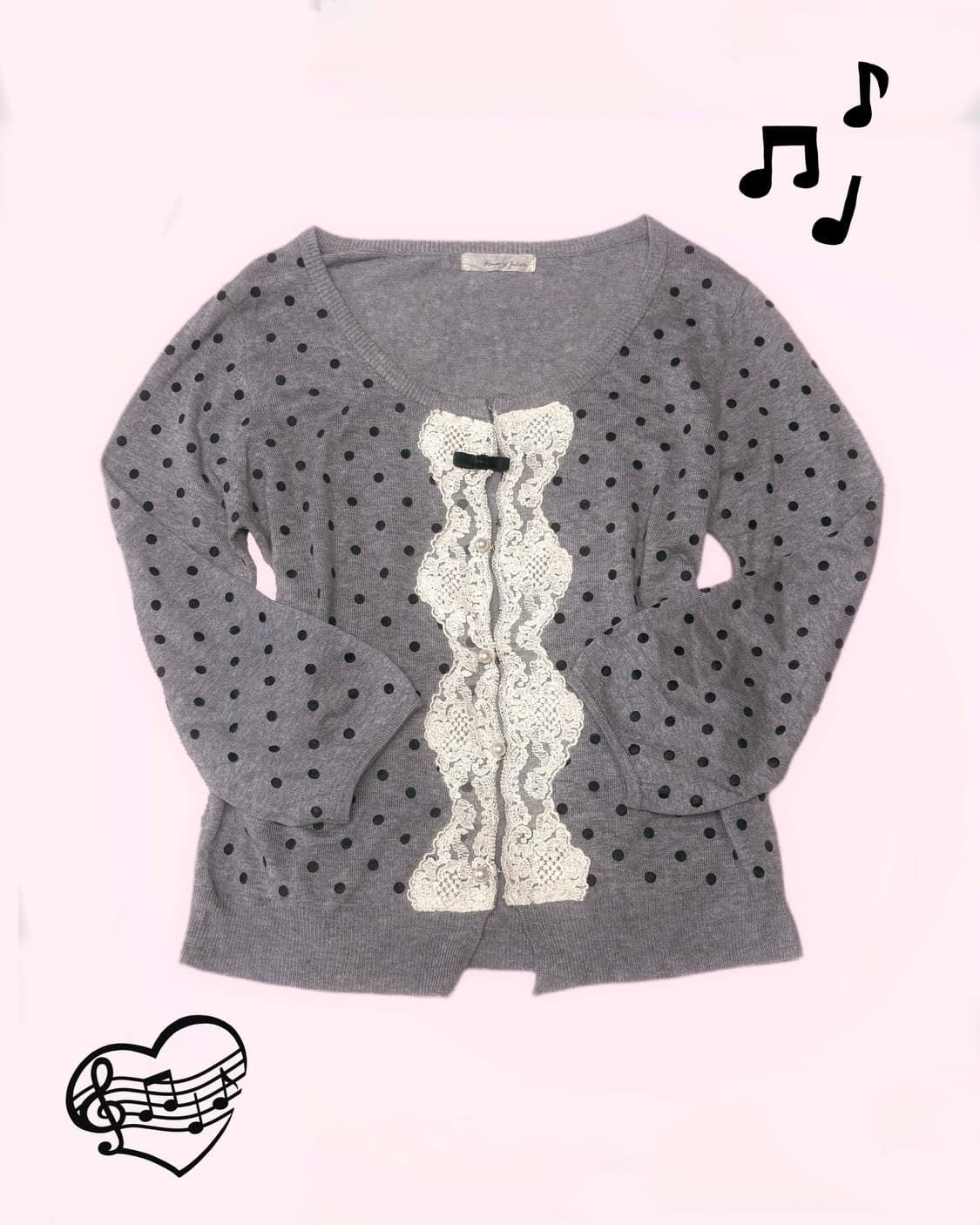 화이트 레이스 포인트 블랙 도트 패턴 그레이 진주 포인트 가디건  상품이미지1