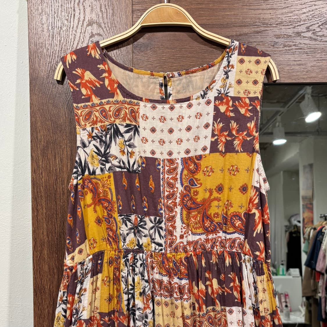 일본 빈티지 에스닉 패치워크 패턴 브라운 민소매 롱 원피스 상품이미지4