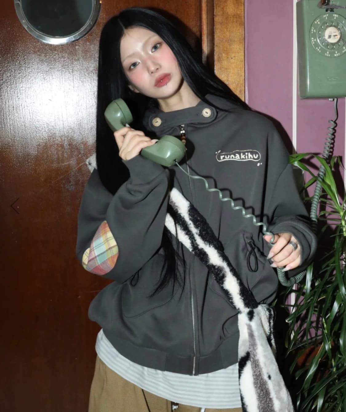 루나키후 체크 배색 후드집업 상품이미지1