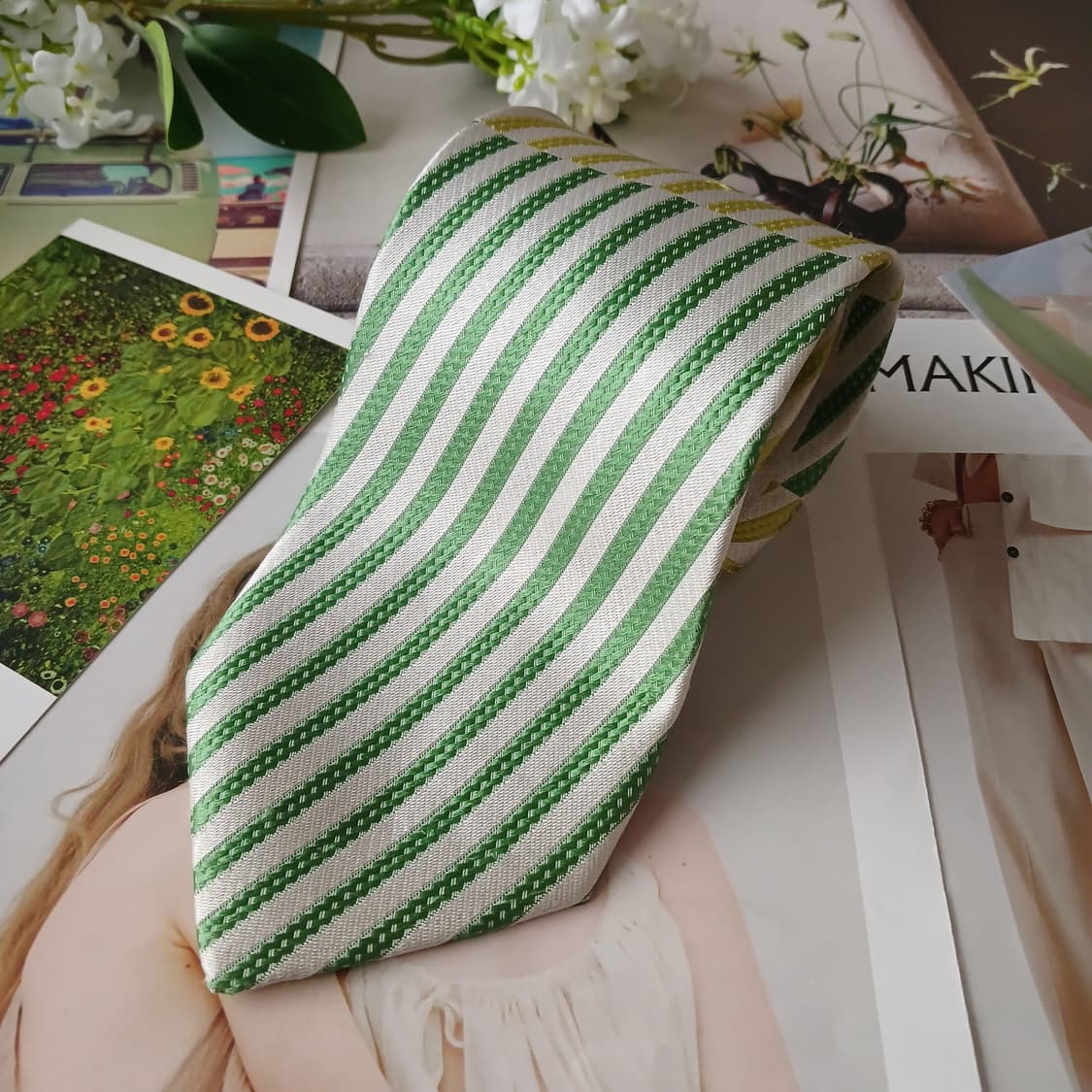 엠씨엠 실크 그린 스트라이프 넥타이 9.2cm A등급 A19780 상품이미지2