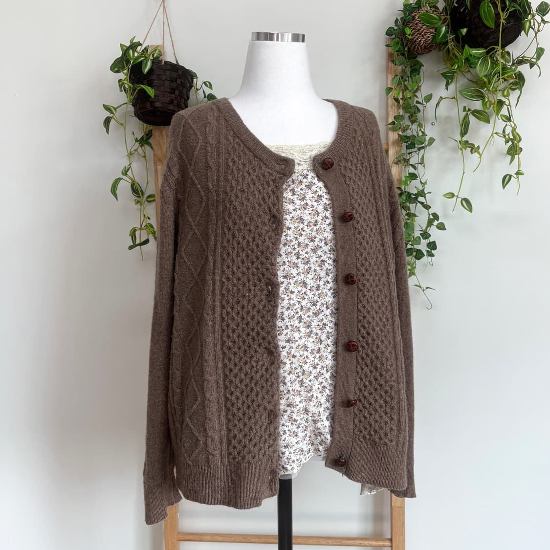 JPN/ 브라운 케이블 니트 가디건 모리걸가디건 브라운가디건 상품이미지2