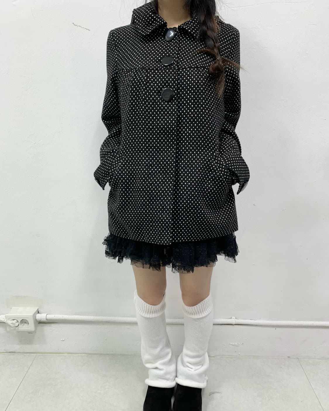 [JPN] 도트 블랙 후드 숏코트 상품이미지2