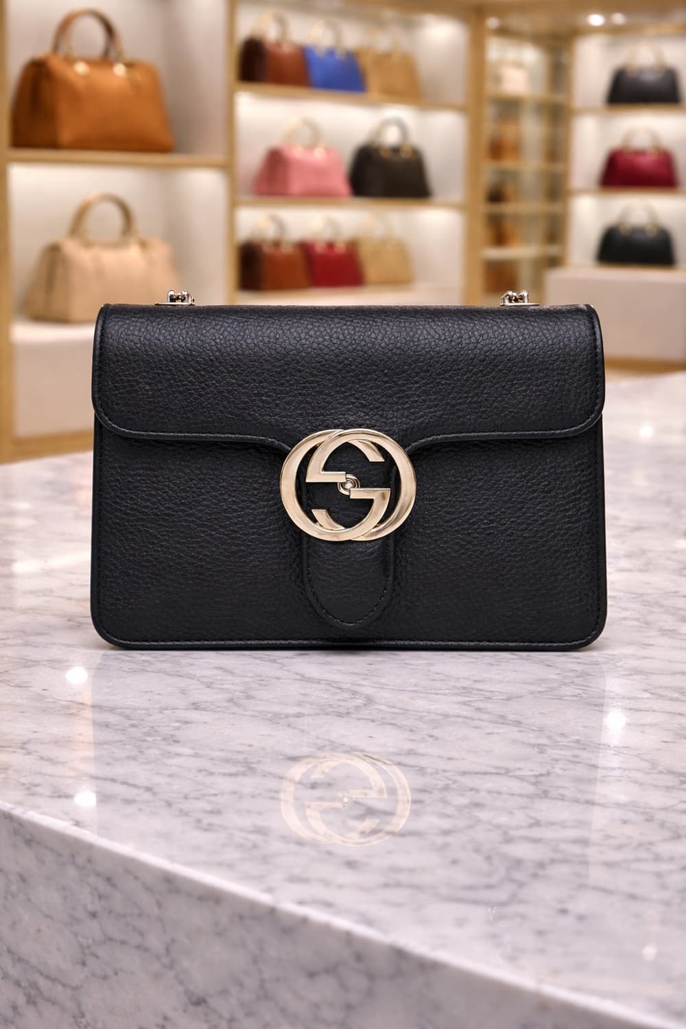 [S급] 구찌 인터로킹 GG 가죽 체인 숄더백 스몰 블랙 판매합니다!!! 상품이미지1