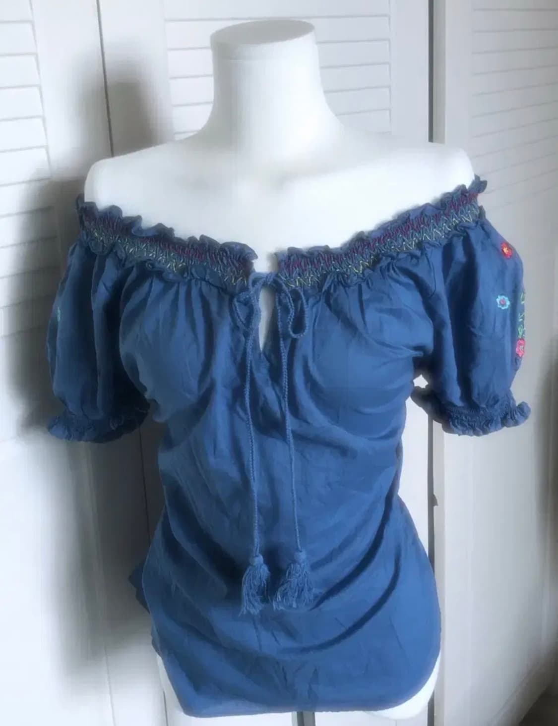 모리걸 플라워 자수 퍼프 소매 블라우스 티셔츠 상의 상품이미지1