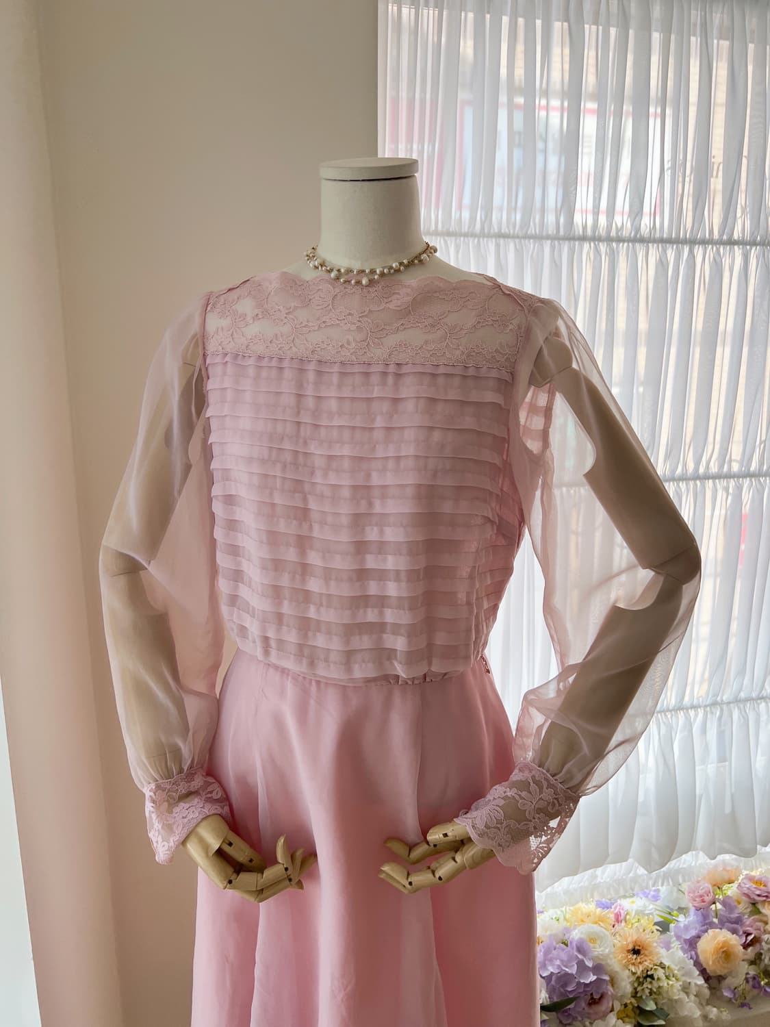 시스루 레이스 넥 쉬폰 플리츠 원피스 상품이미지7