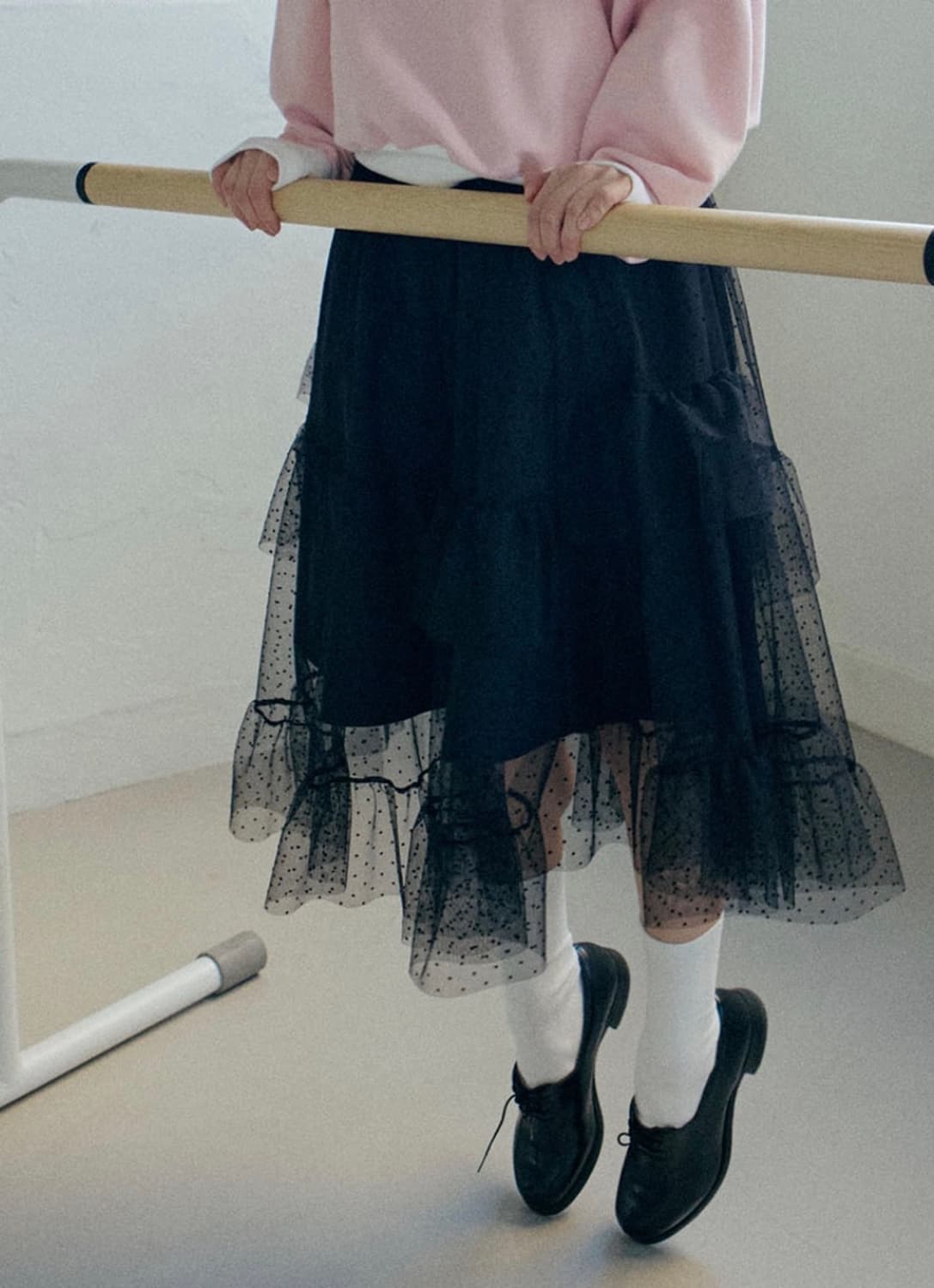 호쿠스포쿠스 샤 도트 프릴 레이스 셔링 롱 티어드 스커트 치마 상품이미지3