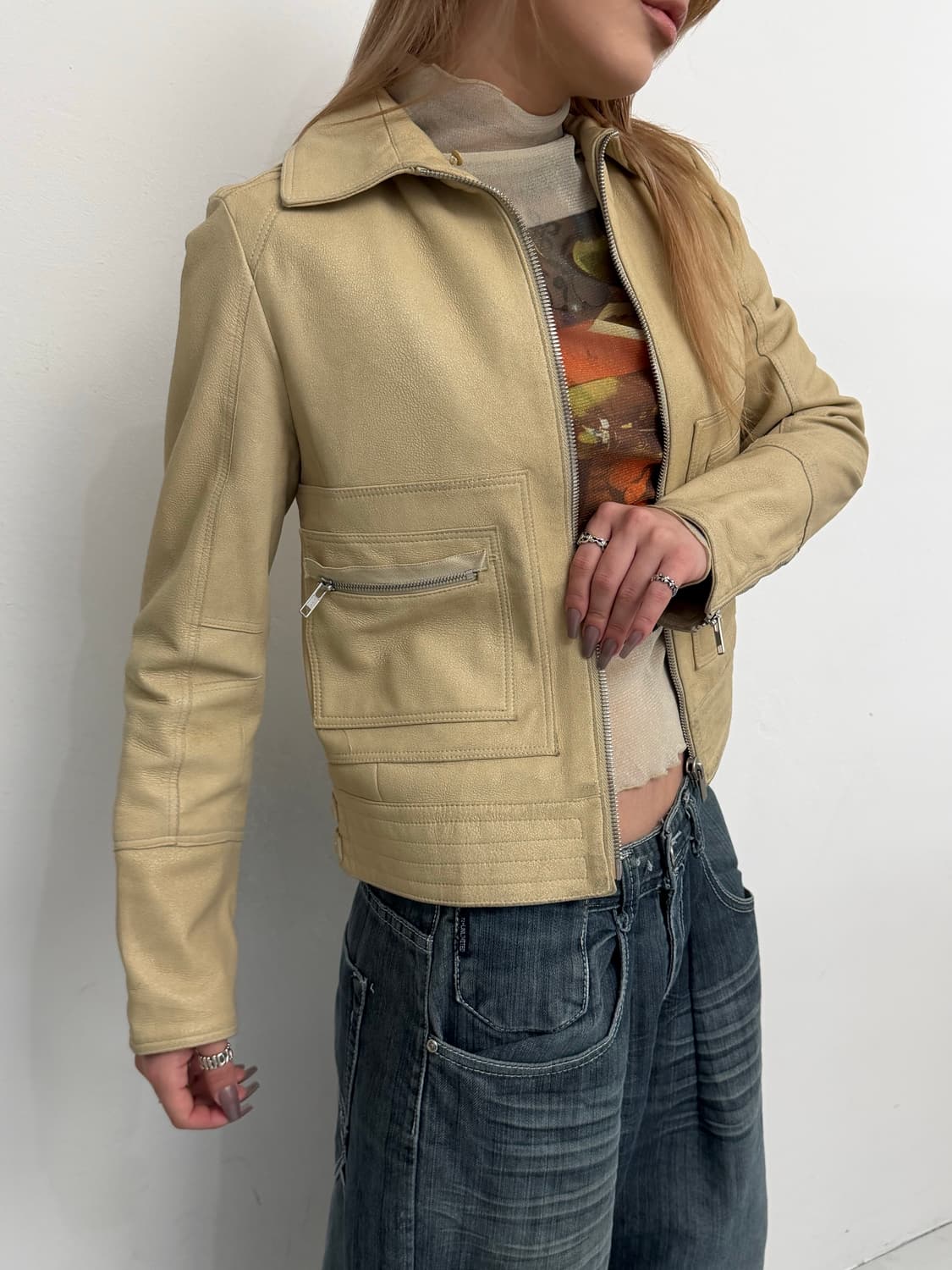 Comme Ca Du Mode 베이지 바이크 가죽 자켓 상품이미지1