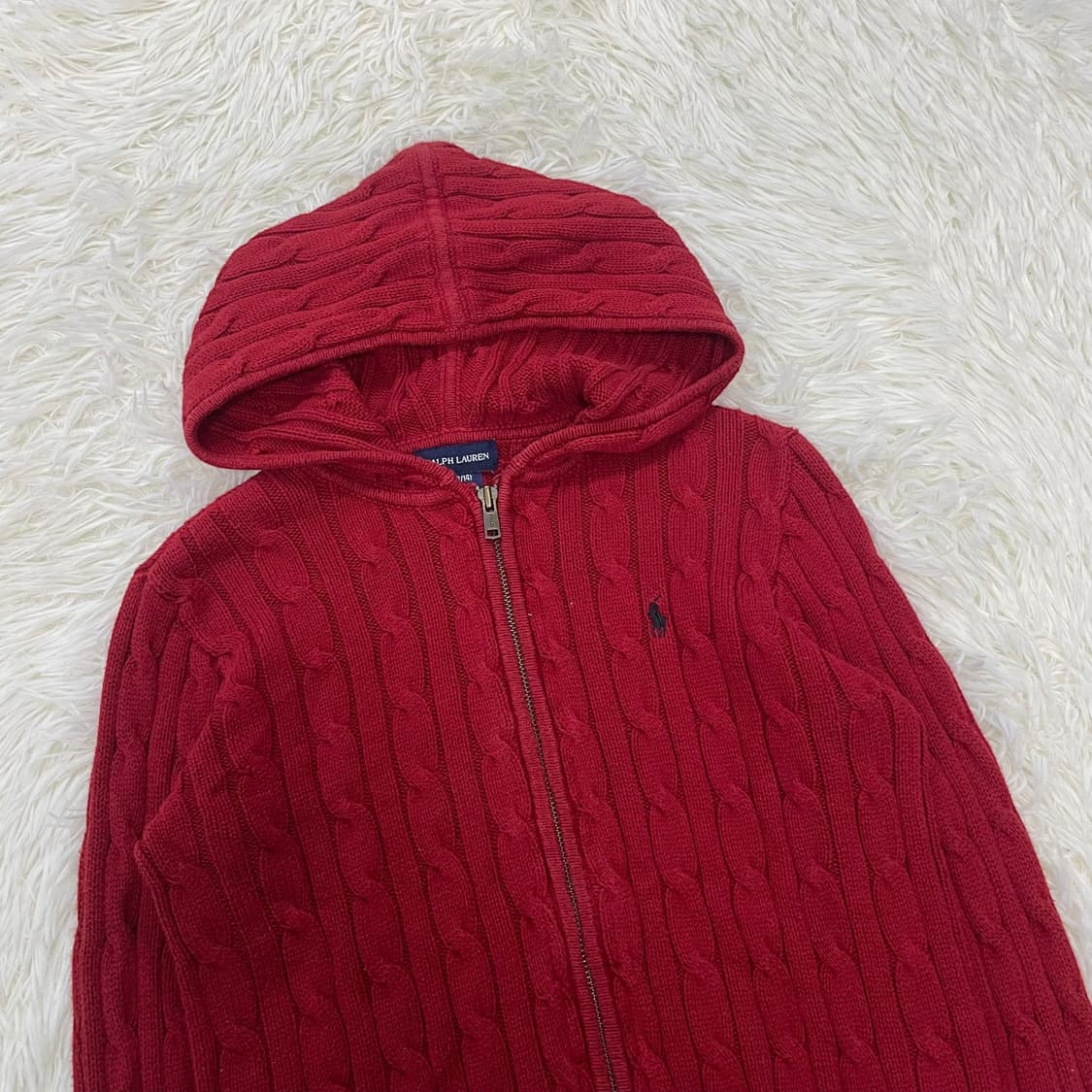 폴로 랄프로렌 포니 로고 케이블 니트 후드집업 레드 상품이미지3