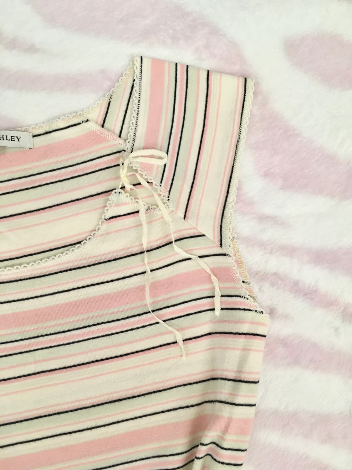 민트 핑크 스트라이프 리본 민소매 반팔 티셔츠 줄무늬 청순 갸루 모리걸 상품이미지2