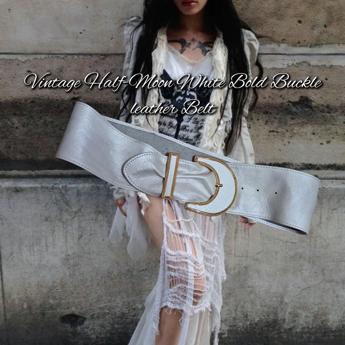 Vintage Half-Moon White Bold Buckle leat 상품이미지1