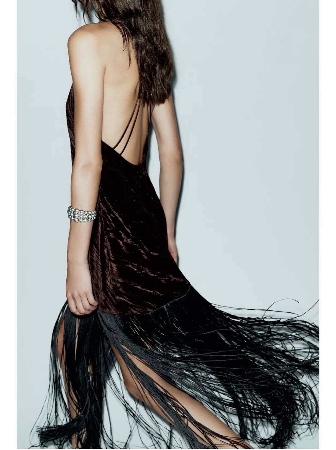 (새상품) ZARA 프린지 벨벳 미디 원피스 상품이미지1