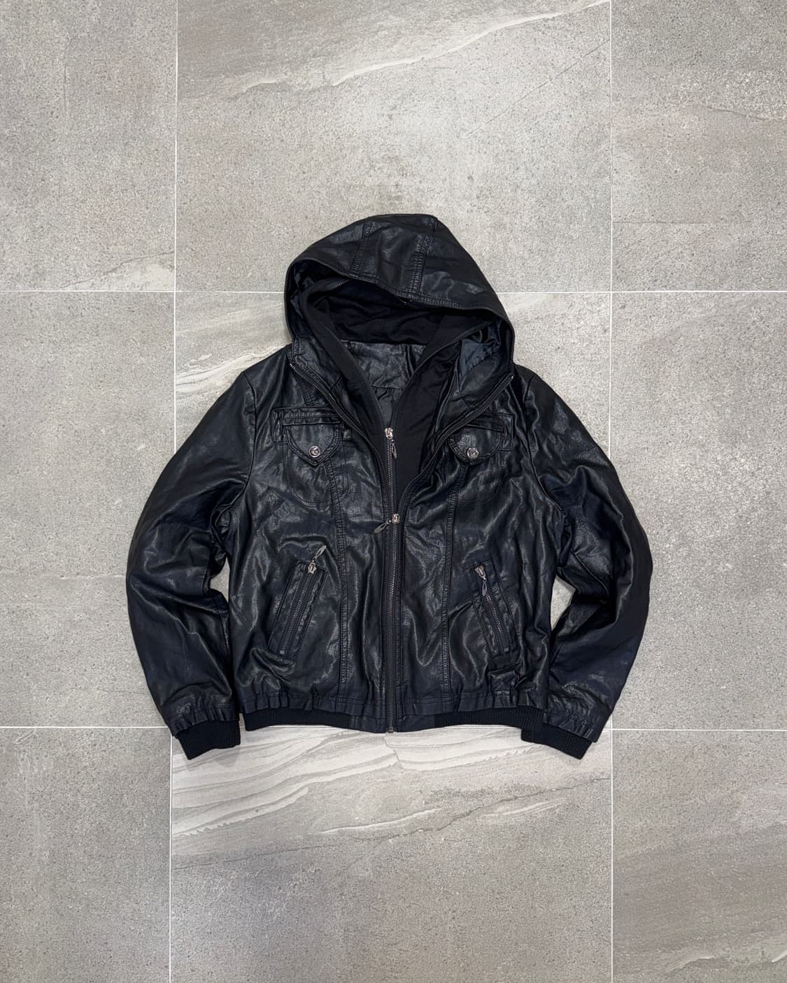 Black lamb skin hood layered jacket  상품이미지1