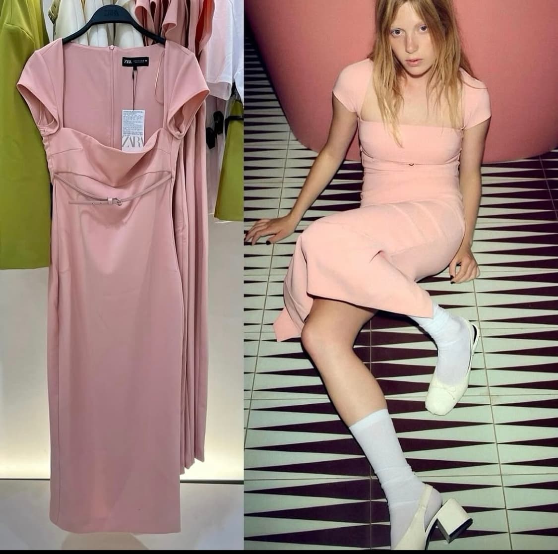 택있는새상품자라(ZARA) 핑크 벨티드 하트넥 롱 원피스 상품이미지5