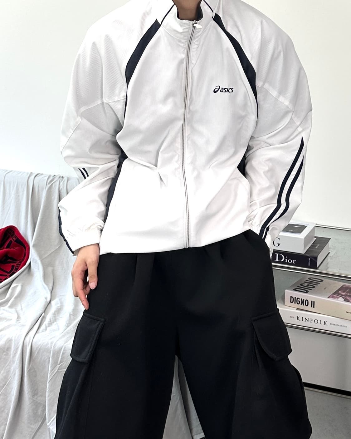 아식스 올드스쿨 블랙 화이트 자켓 L 상품이미지2