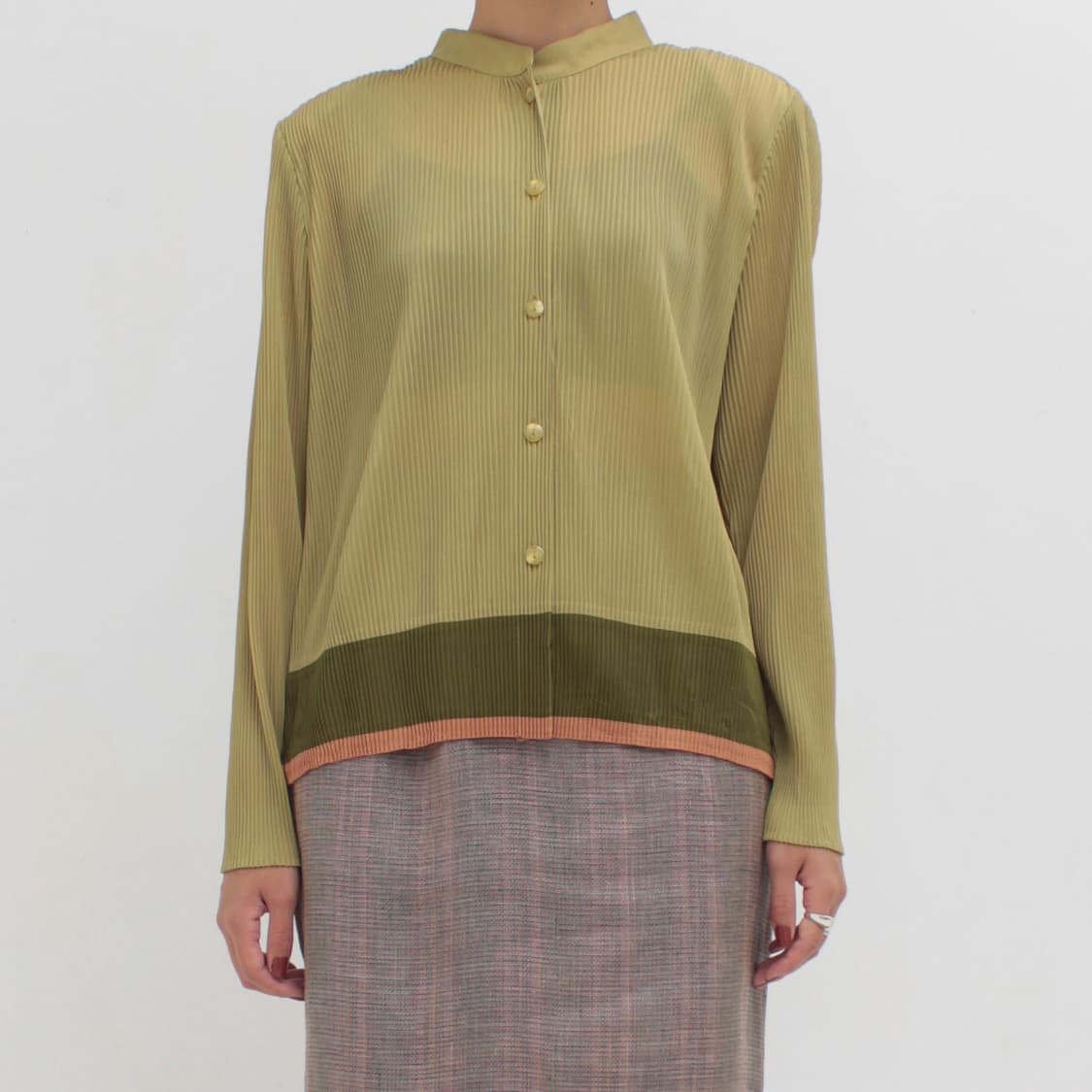 일본빈티지 플리츠 올리브 배색 블라우스 상품이미지5