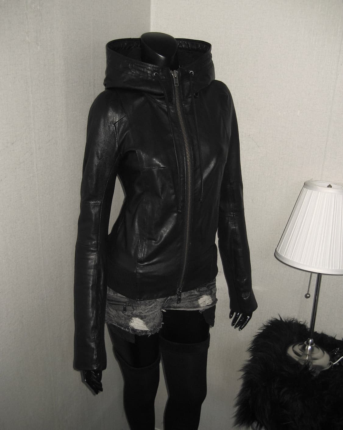 Moussy 마우지 하이넥 양 가죽 쉽스킨 후드 레더 자켓 집업 상품이미지7