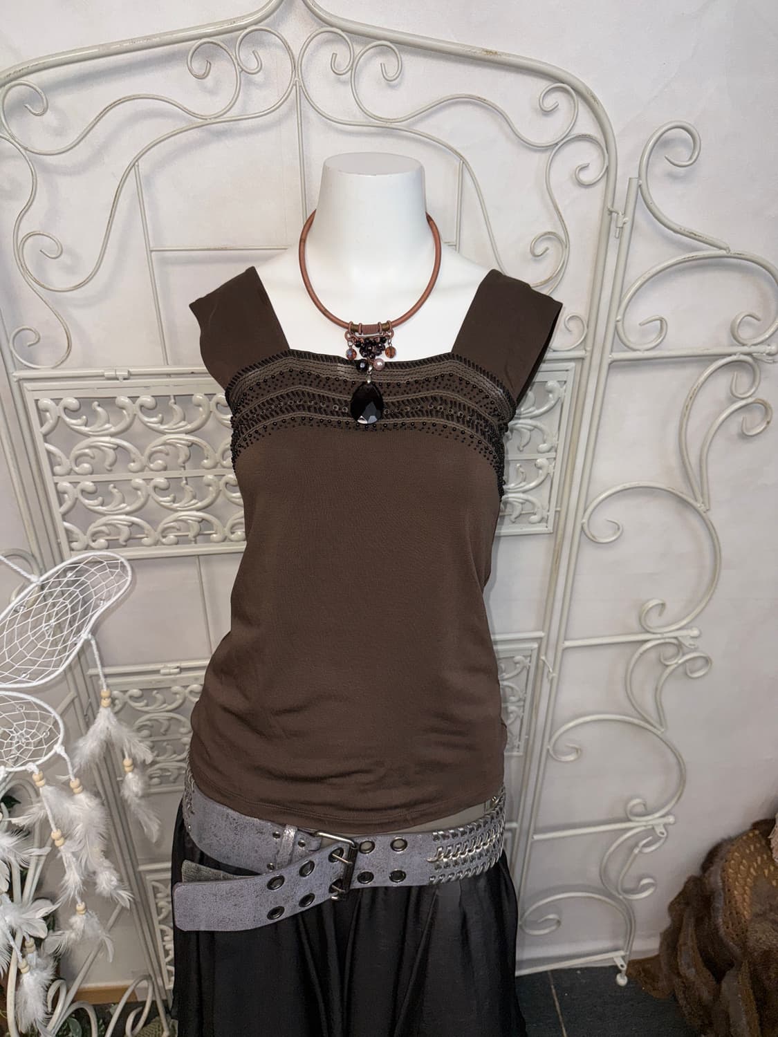 Hiroko Koshino brown beads spangle 슬리브리스 상품이미지5