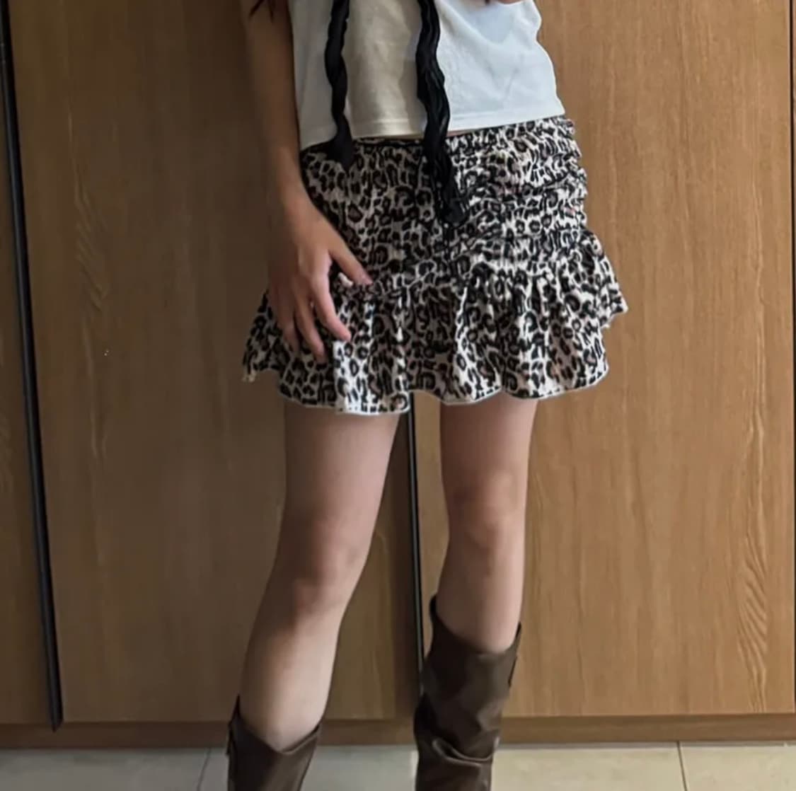 레오파드 셔링 스커트+ 큐빅 블랙 반팔 세트🖤 상품이미지3