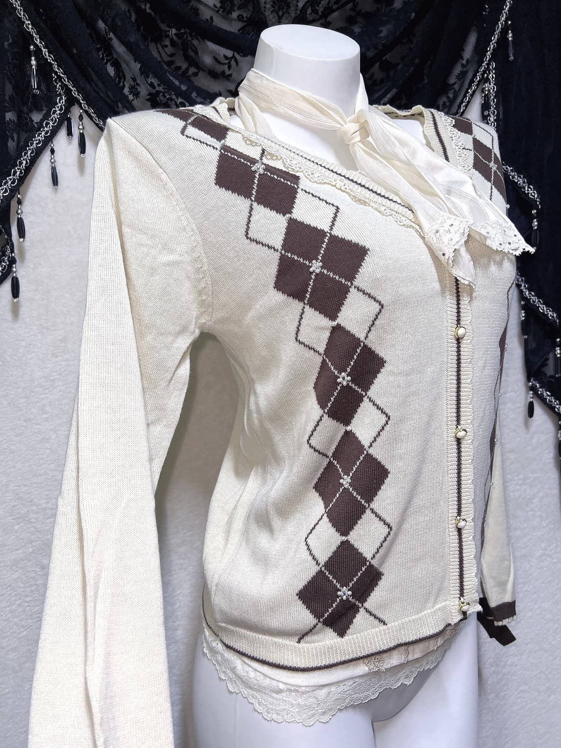 엑시즈팜 아가일 레이스 진주 리본 라떼갸루 로걀탑 니트 러블리 핀터 모리 상품이미지5