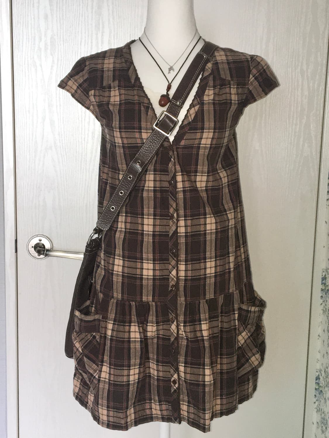 brown plaid short-sleeve dress 상품이미지1