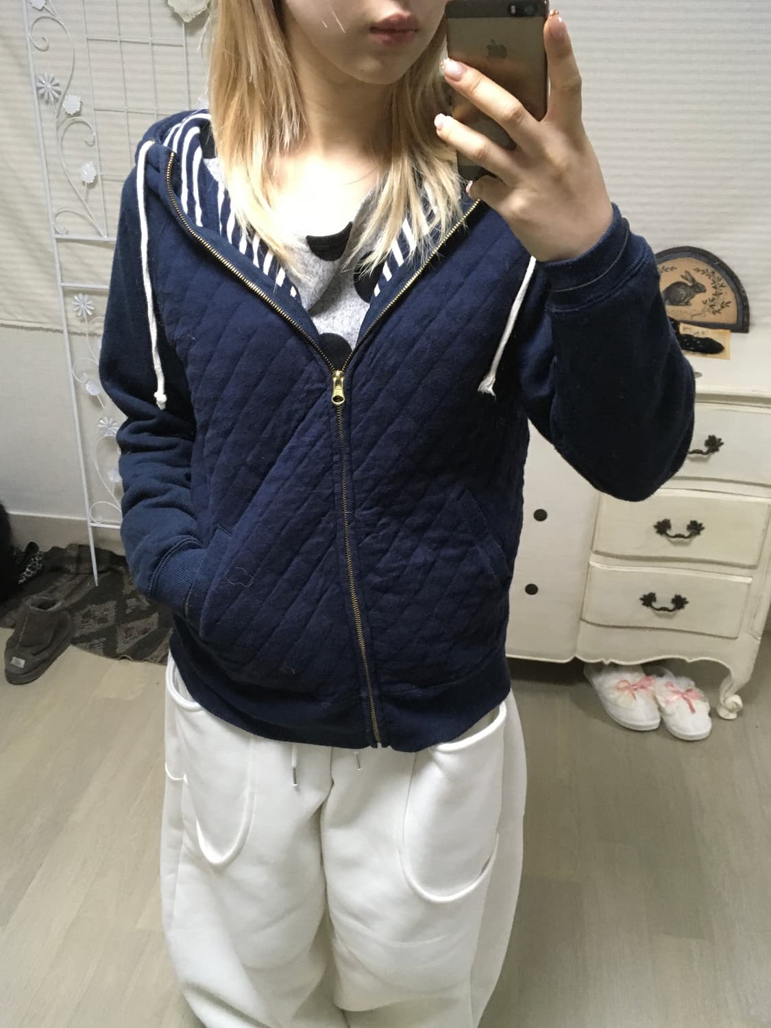 jpn vintage 네이비 아가일 누빔 후드 집업 상품이미지1