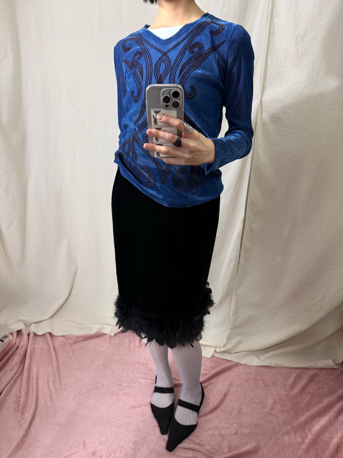 Viss 벨벳 페더 트리밍 스커트 상품이미지2