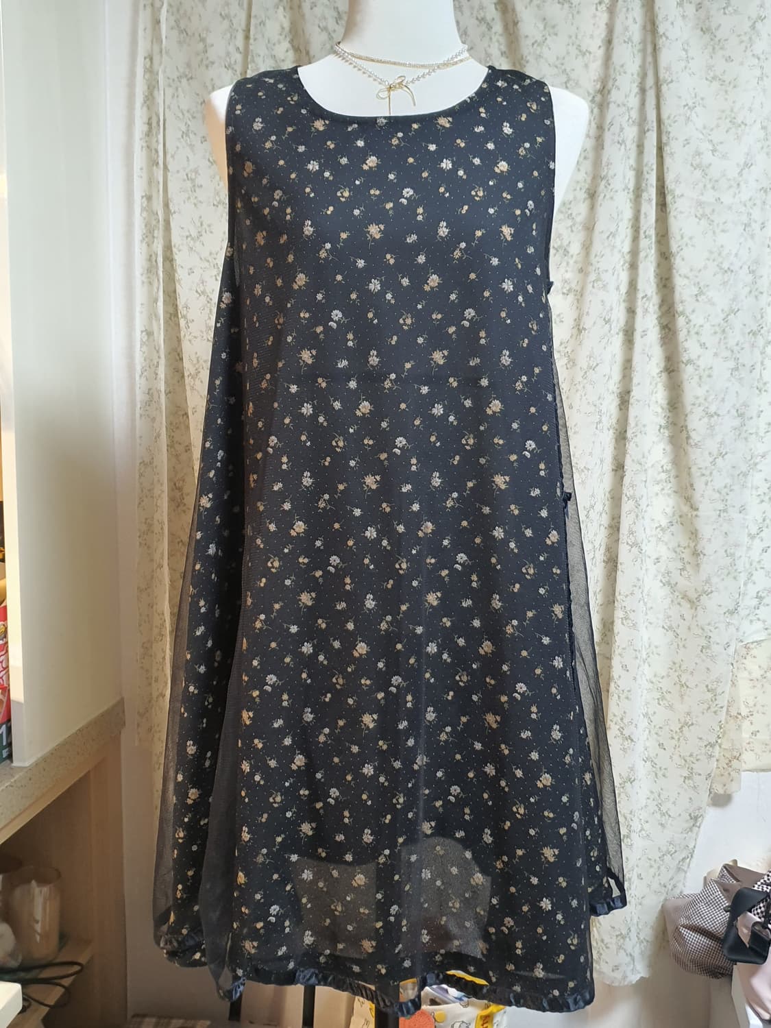 [빈티지] 검정 잔꽃 쉬폰 레이어드 원피스 상품이미지1