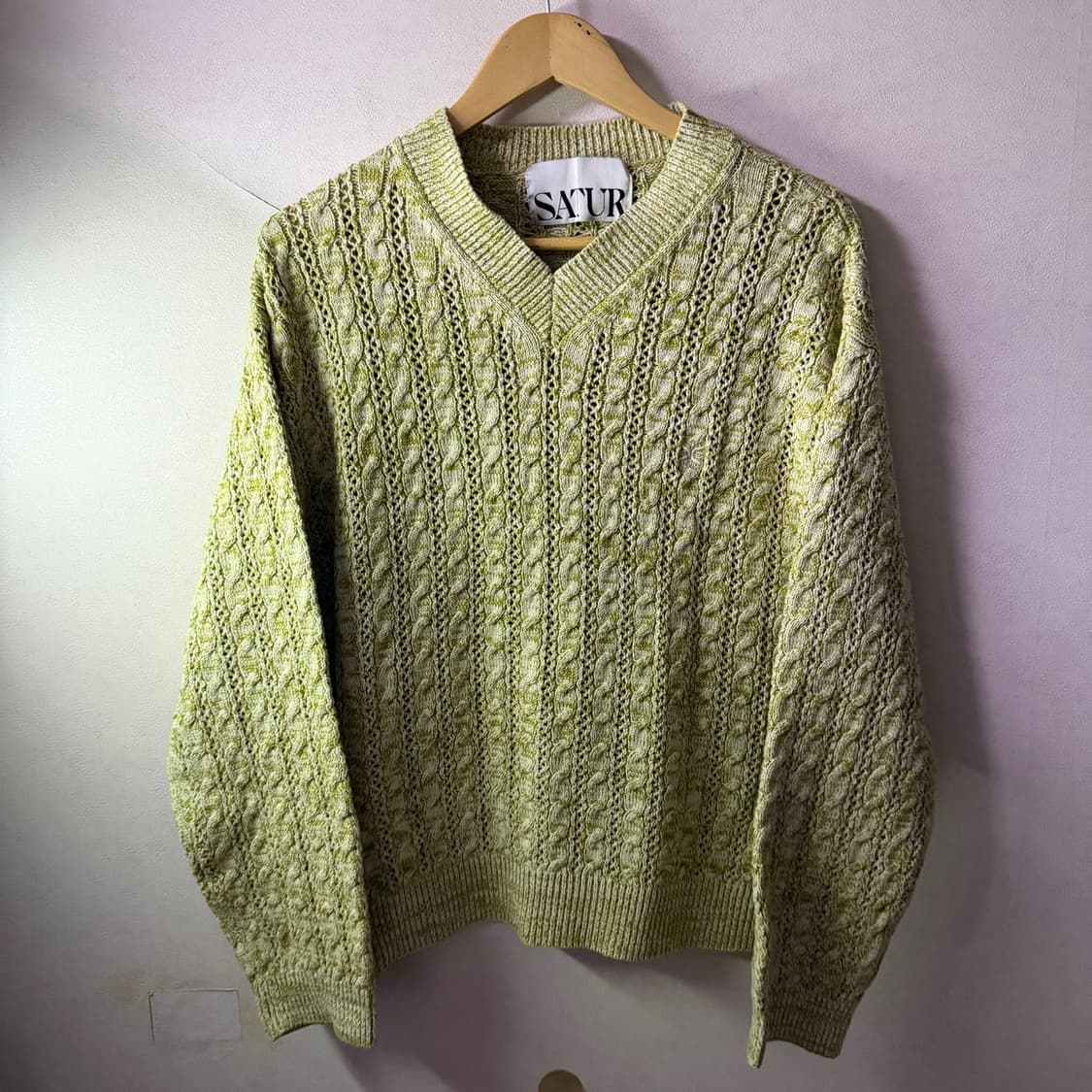SATUR 세터 꽈배기 V넥 니트 내추럴 그린 XL(105정도) 상품이미지2